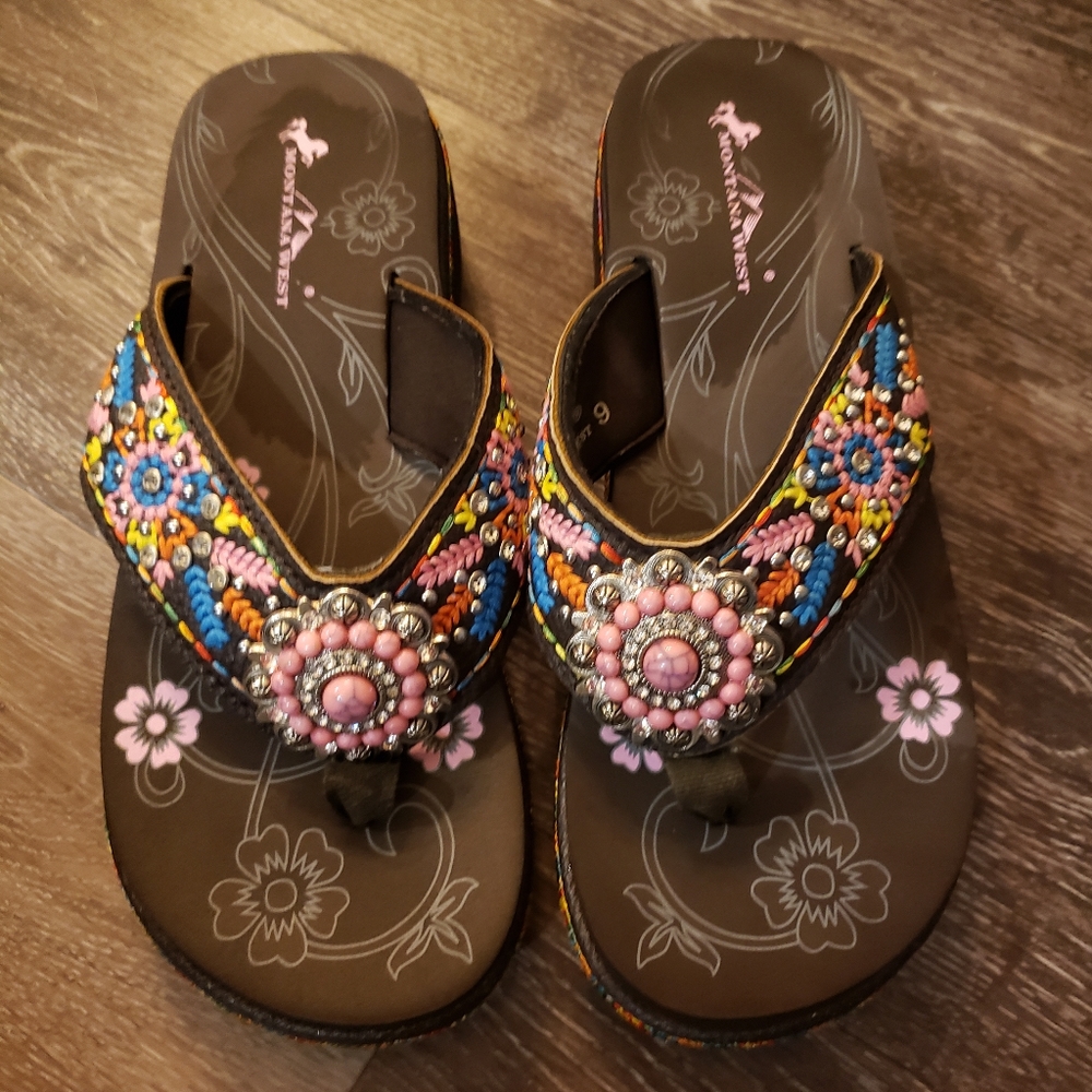 Montana West Brown Sandals with Pink, Blue & Yellow Floral Embellishments